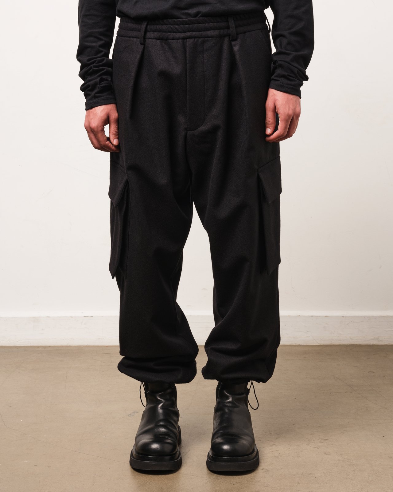 Lownn Black Wool Flannel Cargo Pants